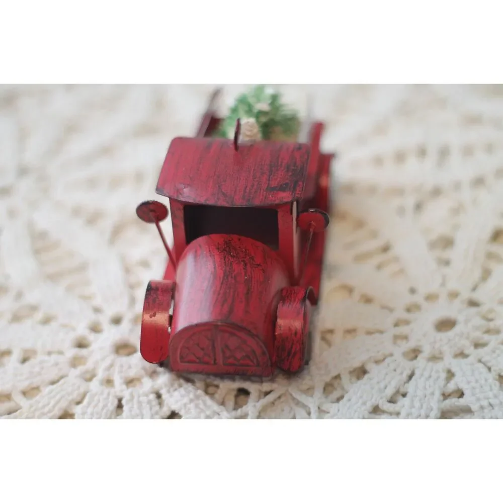 farmhouse style Christmas ornament with vintage style red pickup truck and tree